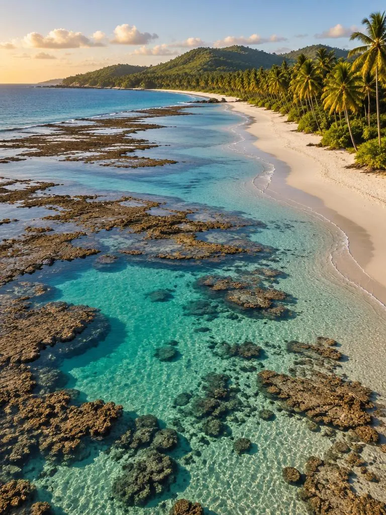 Vista aérea de praia extensa com coqueiral e piscinas naturais de recifes em Algodões