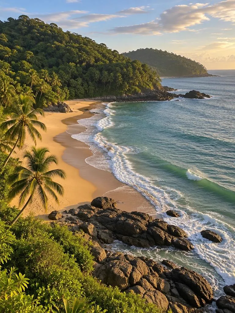 Vista aérea de praia de mar aberto com mata atlântica e costões rochosos em Piracanga